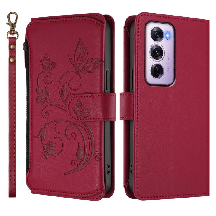 For OPPO Reno12 Pro 5G Global Butterfly Love Flower Multi-card Zipper Wallet Leather Phone Case