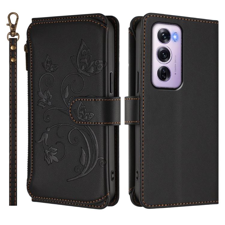 For OPPO Reno12 Pro 5G Global Butterfly Love Flower Multi-card Zipper Wallet Leather Phone Case
