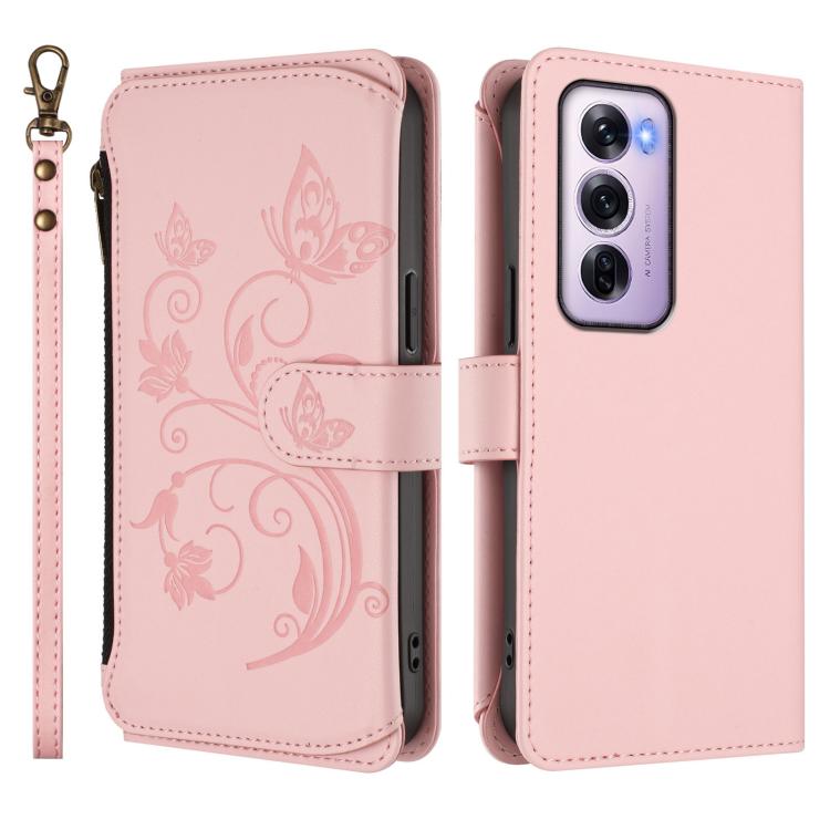 For OPPO Reno12 Pro 5G Global Butterfly Love Flower Multi-card Zipper Wallet Leather Phone Case