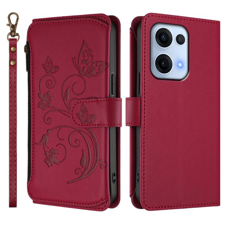 For OPPO Reno13 5G Global Butterfly Love Flower Multi-card Zipper Wallet Leather Phone Case