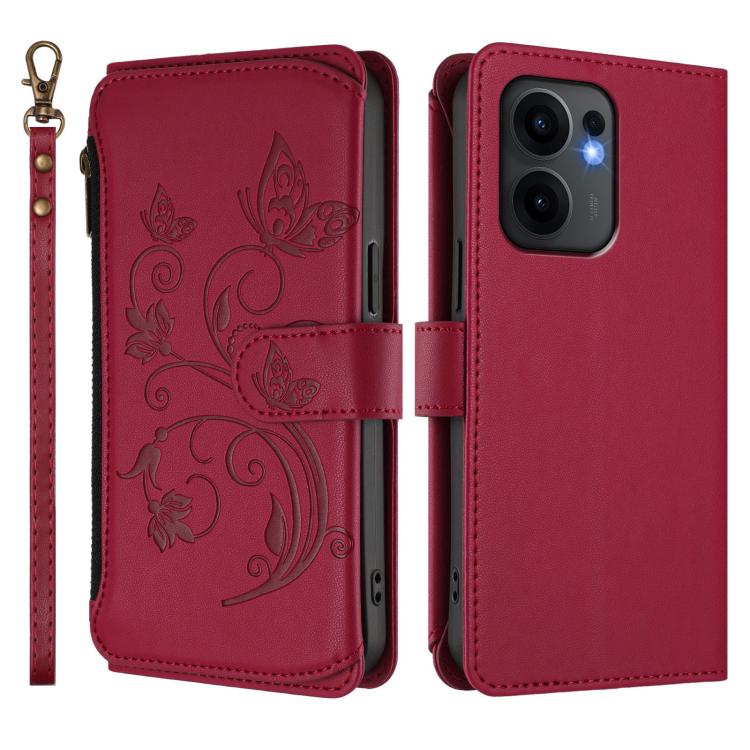 For OPPO Reno13 F 5G Global / 4G India Butterfly Love Flower Multi-card Zipper Wallet Leather Phone Case