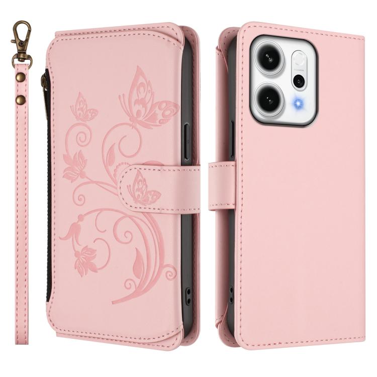 For OPPO Reno14 Pro 5G Butterfly Love Flower Multi-card Zipper Wallet Leather Phone Case