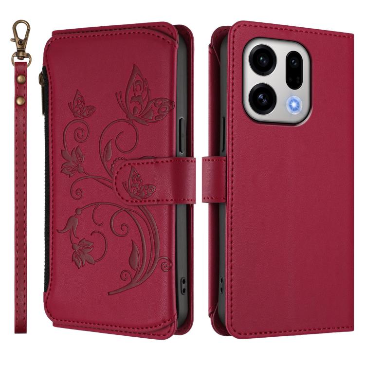 For OPPO Find X9 Butterfly Love Flower Multi-card Zipper Wallet Leather Phone Case
