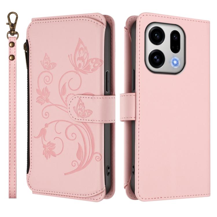 For OPPO Find X9 Butterfly Love Flower Multi-card Zipper Wallet Leather Phone Case