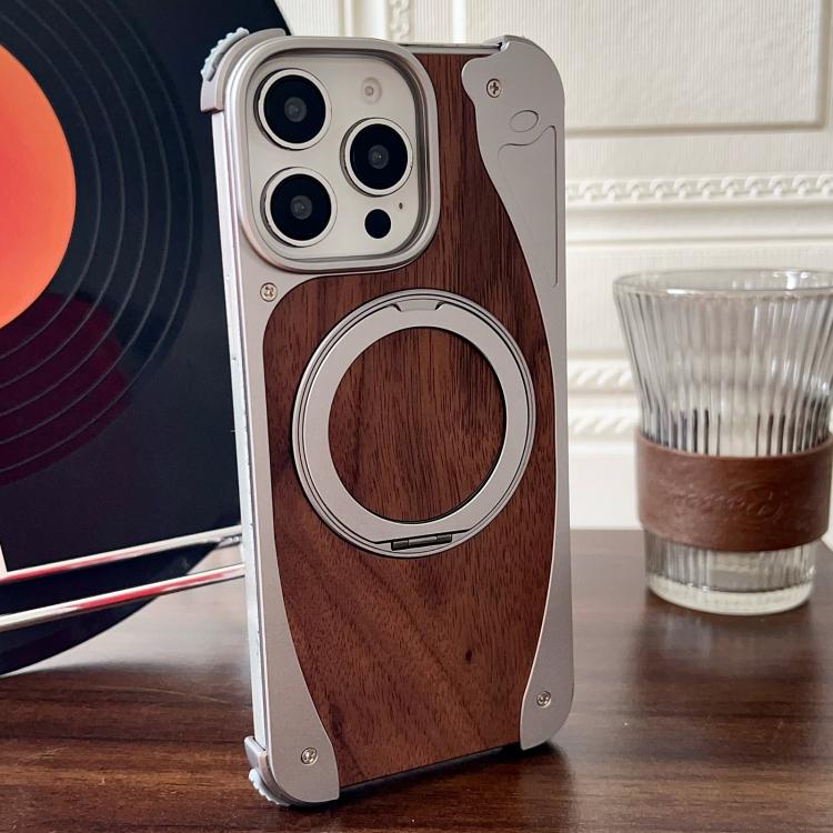 For iPhone 15 Pro Max Walnut Metal Frameless 360 Degree Rotation Holder MagSafe Phone Case