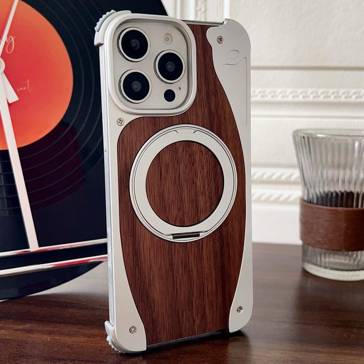 For iPhone 15 Pro Max Walnut Metal Frameless 360 Degree Rotation Holder MagSafe Phone Case