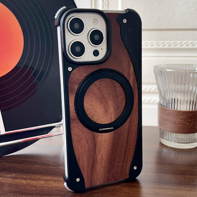 For iPhone 15 Pro Walnut Metal Frameless 360 Degree Rotation Holder MagSafe Phone Case