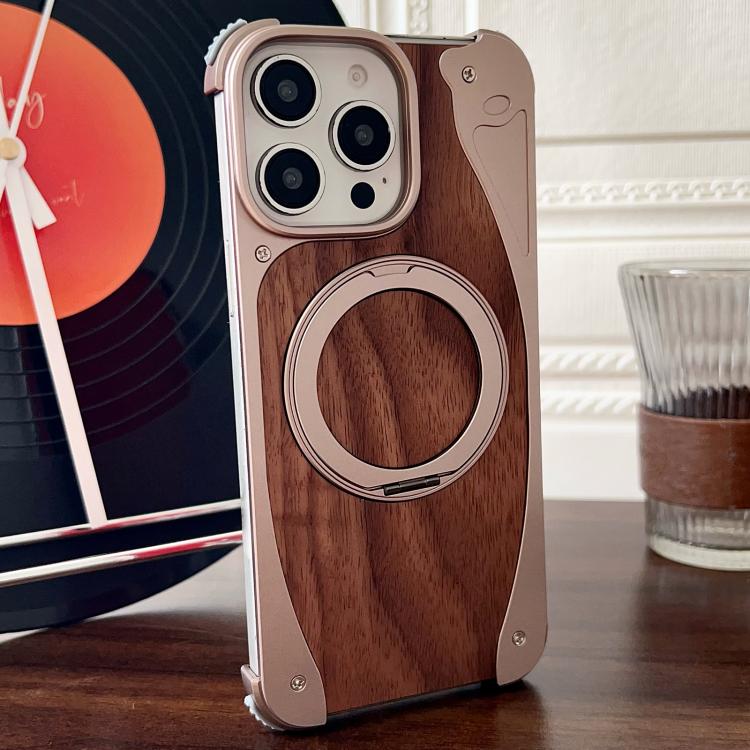 For iPhone 15 Pro Walnut Metal Frameless 360 Degree Rotation Holder MagSafe Phone Case