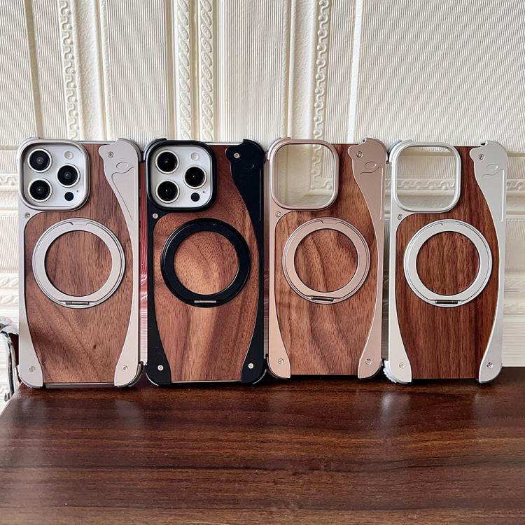 For iPhone 16 Pro Max Walnut Metal Frameless 360 Degree Rotation Holder MagSafe Phone Case
