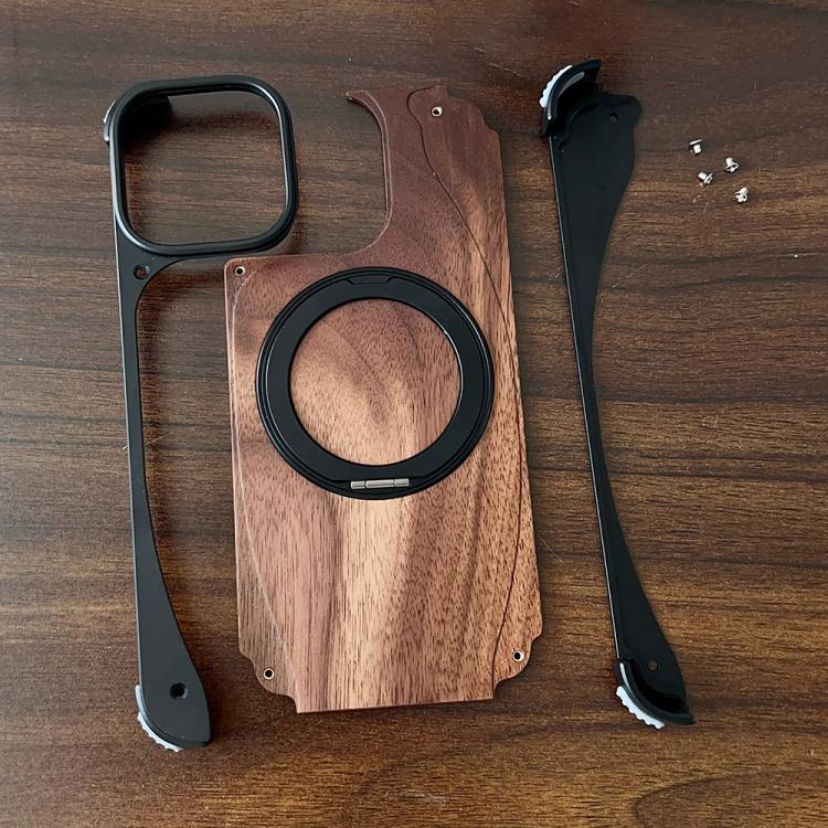 For iPhone 15 Pro Max Walnut Metal Frameless 360 Degree Rotation Holder MagSafe Phone Case