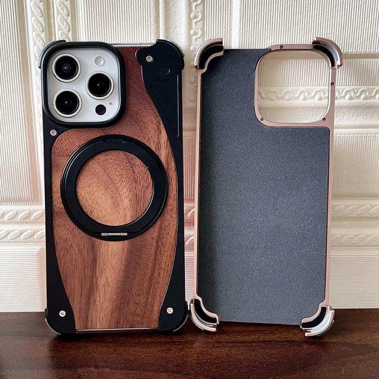 For iPhone 16 Pro Max Walnut Metal Frameless 360 Degree Rotation Holder MagSafe Phone Case