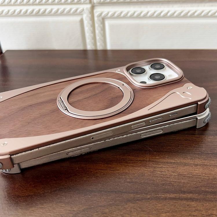 For iPhone 16 Pro Walnut Metal Frameless 360 Degree Rotation Holder MagSafe Phone Case