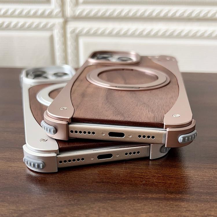 For iPhone 16 Pro Walnut Metal Frameless 360 Degree Rotation Holder MagSafe Phone Case