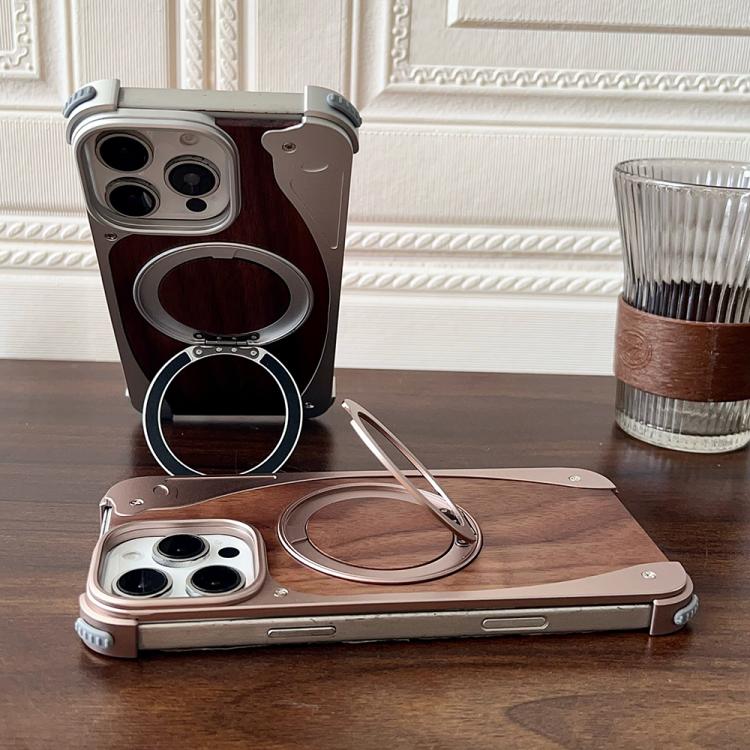 For iPhone 15 Pro Walnut Metal Frameless 360 Degree Rotation Holder MagSafe Phone Case