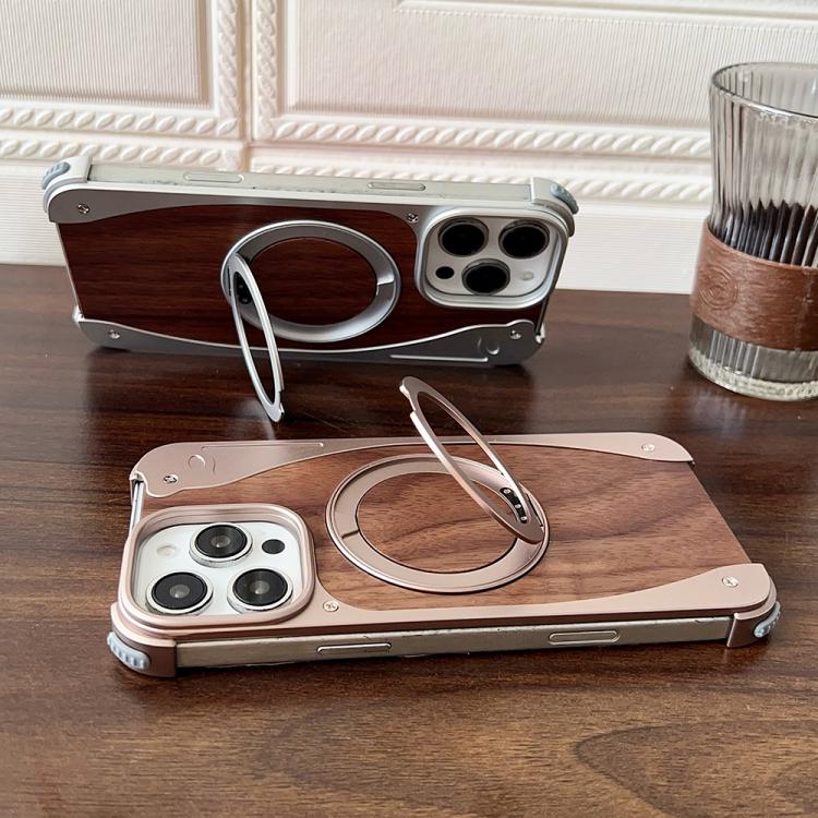 For iPhone 15 Pro Max Walnut Metal Frameless 360 Degree Rotation Holder MagSafe Phone Case