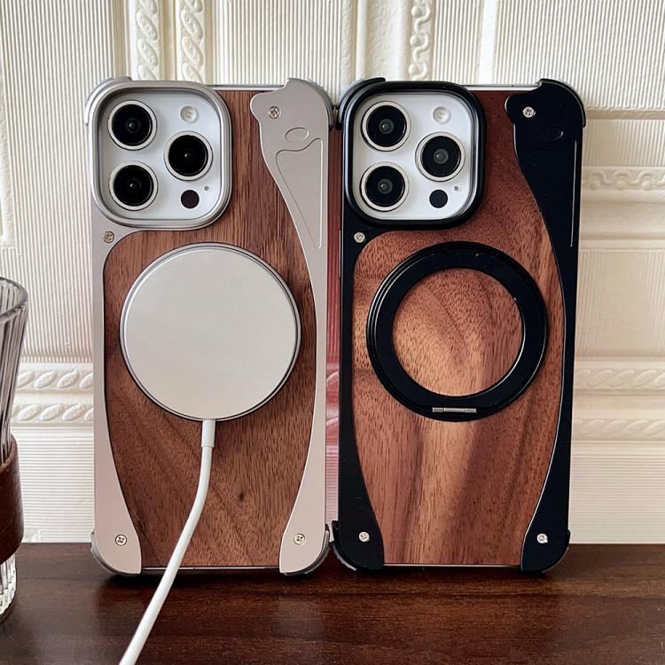 For iPhone 15 Pro Max Walnut Metal Frameless 360 Degree Rotation Holder MagSafe Phone Case