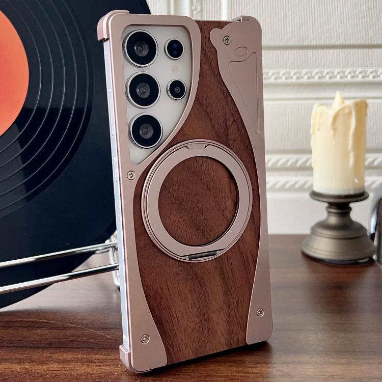 For Samsung Galaxy S23 Ultra 5G Walnut Metal Frameless 360 Degree Rotation Holder MagSafe Phone Case