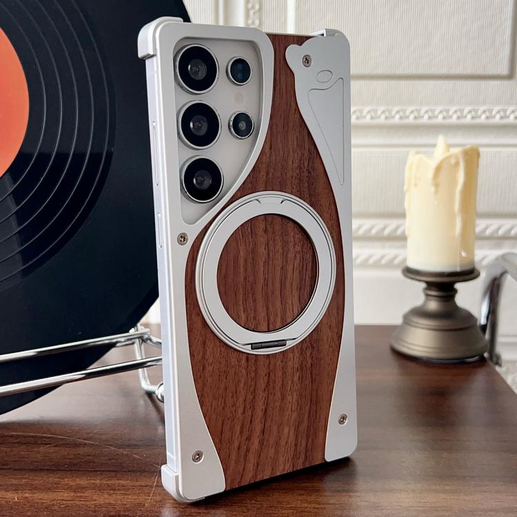 For Samsung Galaxy S23 Ultra 5G Walnut Metal Frameless 360 Degree Rotation Holder MagSafe Phone Case
