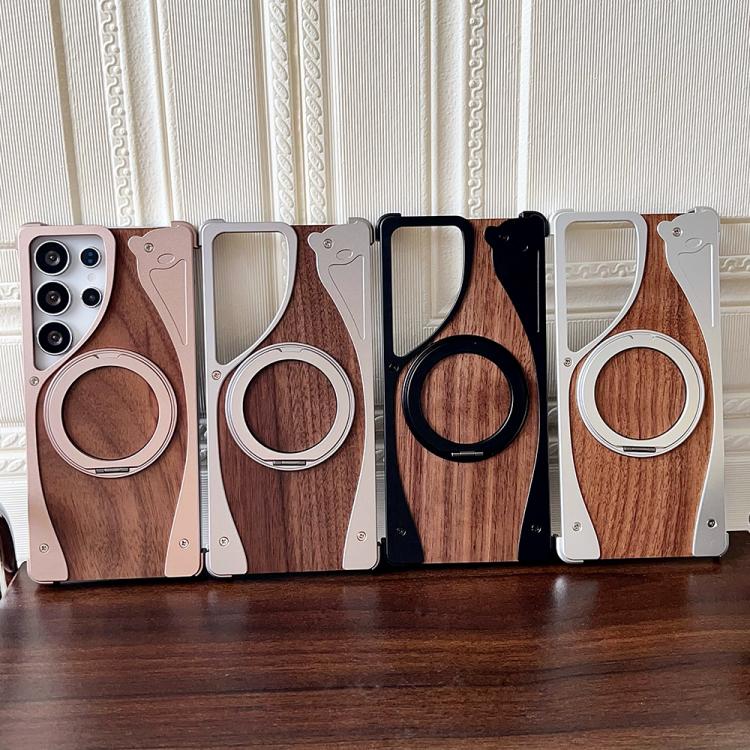 For Samsung Galaxy S24 Ultra 5G Walnut Metal Frameless 360 Degree Rotation Holder MagSafe Phone Case