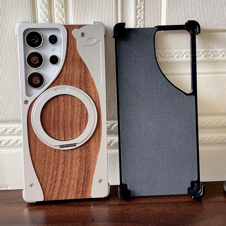 For Samsung Galaxy S23 Ultra 5G Walnut Metal Frameless 360 Degree Rotation Holder MagSafe Phone Case