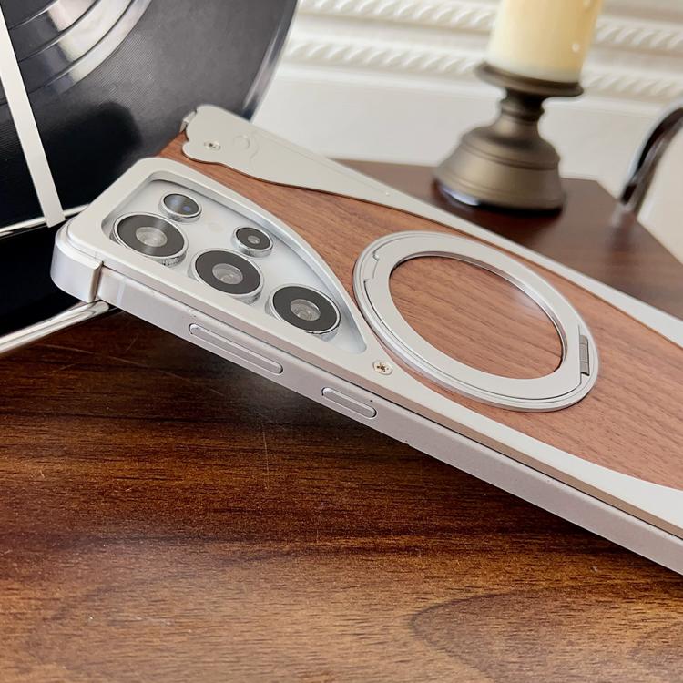 For Samsung Galaxy S24 Ultra 5G Walnut Metal Frameless 360 Degree Rotation Holder MagSafe Phone Case