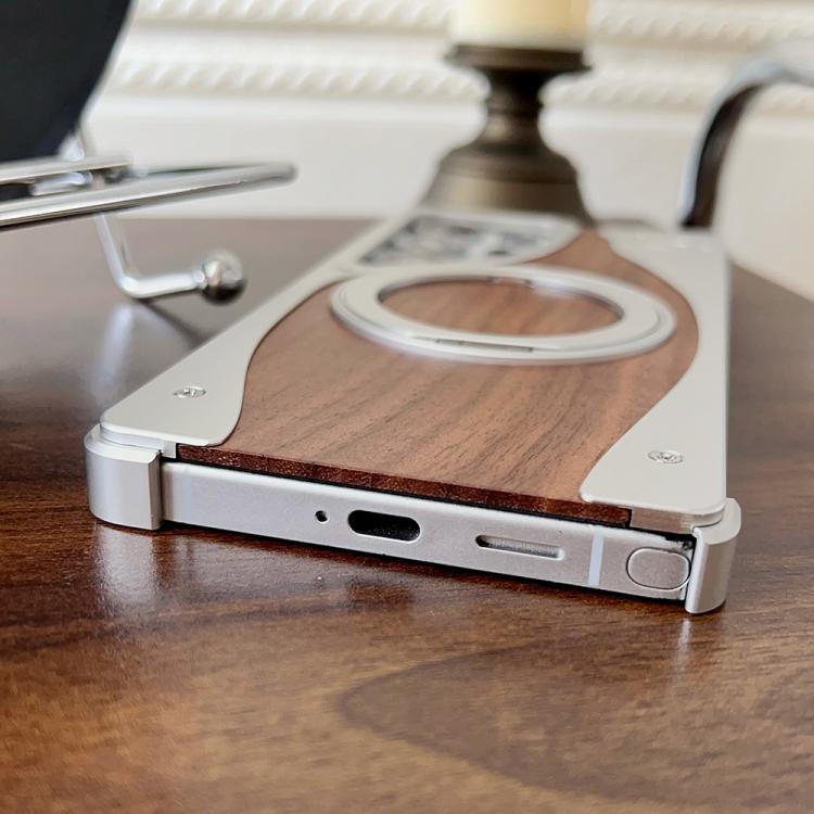 For Samsung Galaxy S25 Ultra 5G Walnut Metal Frameless 360 Degree Rotation Holder MagSafe Phone Case