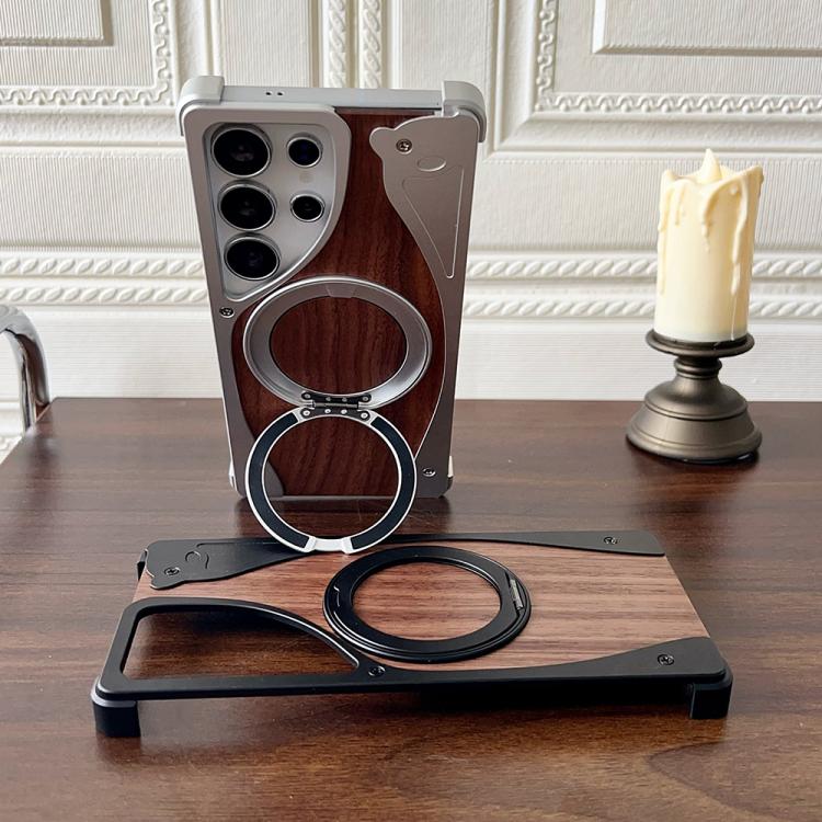 For Samsung Galaxy S25 Ultra 5G Walnut Metal Frameless 360 Degree Rotation Holder MagSafe Phone Case