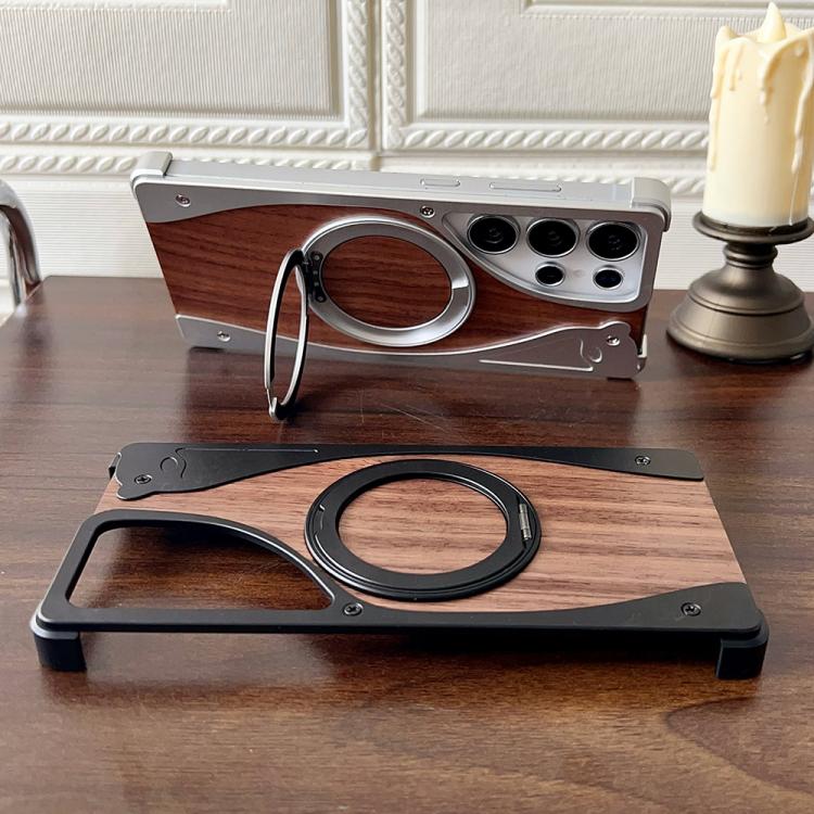 For Samsung Galaxy S23 Ultra 5G Walnut Metal Frameless 360 Degree Rotation Holder MagSafe Phone Case