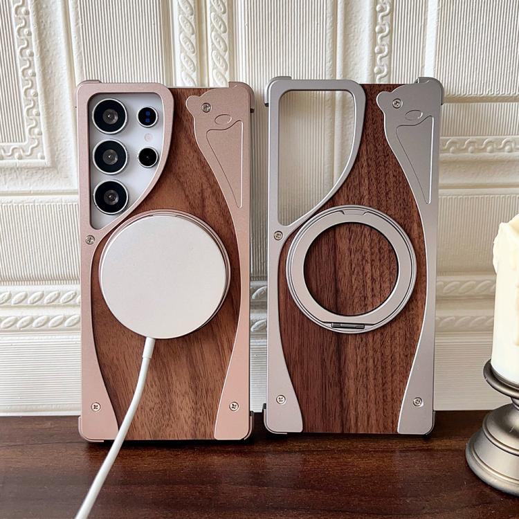 For Samsung Galaxy S25 Ultra 5G Walnut Metal Frameless 360 Degree Rotation Holder MagSafe Phone Case
