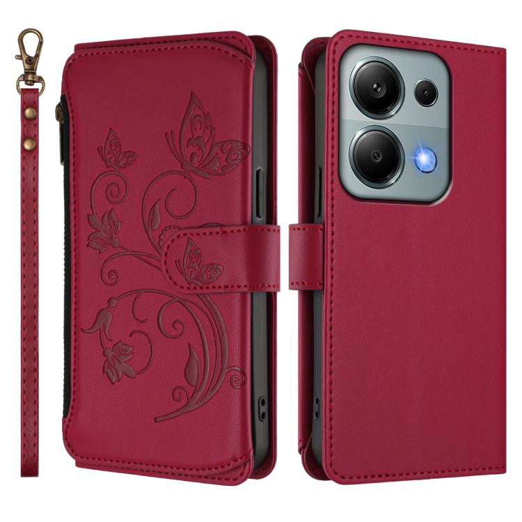 For Redmi Note 14S 4G / Note 13 Pro 4G Butterfly Love Flower Multi-card Zipper Wallet Leather Phone Case