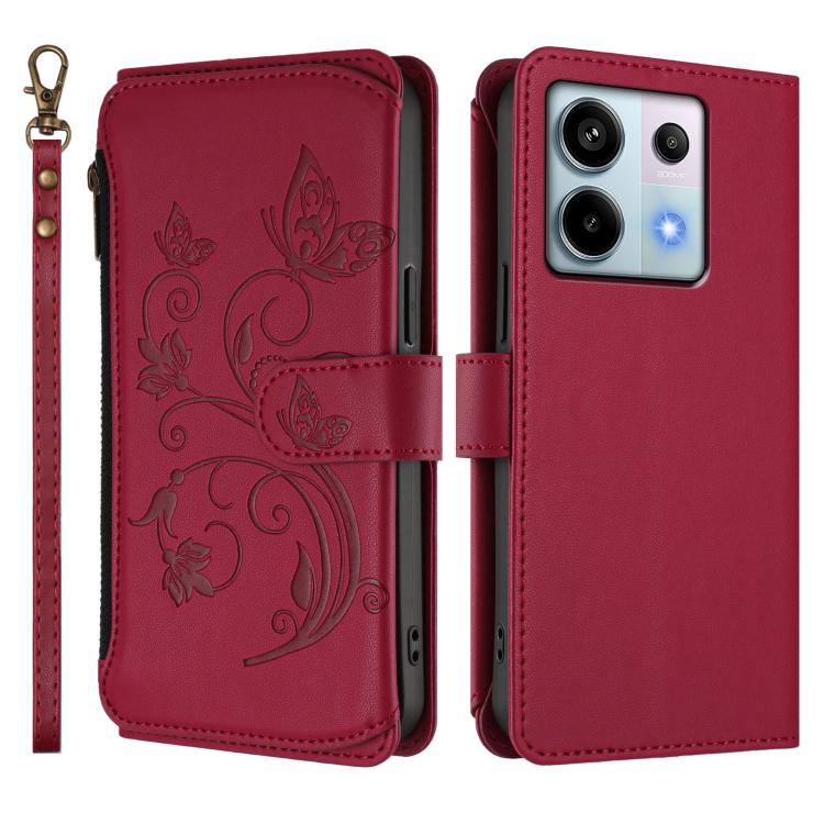 For Redmi Note 13 Pro 5G / Poco X6 Butterfly Love Flower Multi-card Zipper Wallet Leather Phone Case