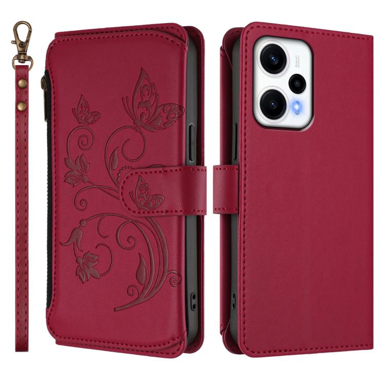 For Redmi Note 12 Turbo / Poco F5 Butterfly Love Flower Multi-card Zipper Wallet Leather Phone Case