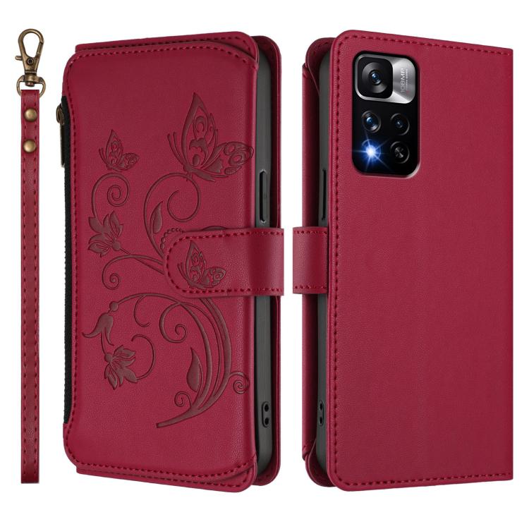 For Redmi Note 11 Pro+ 5G / Poco X4 NFC Butterfly Love Flower Multi-card Zipper Wallet Leather Phone Case