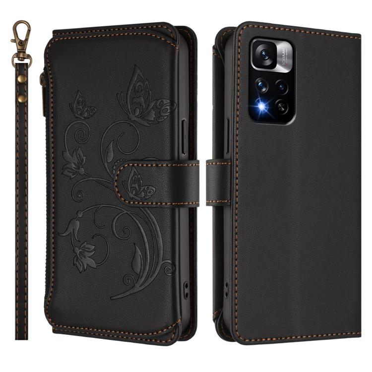 For Redmi Note 11 Pro+ 5G / Poco X4 NFC Butterfly Love Flower Multi-card Zipper Wallet Leather Phone Case