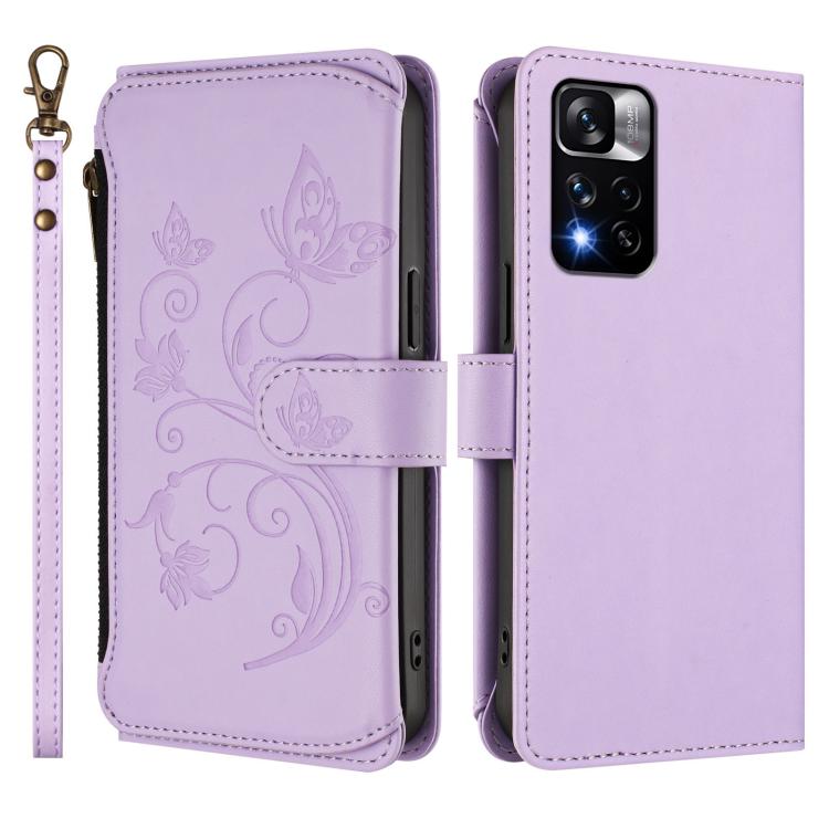 For Redmi Note 11 Pro+ 5G / Poco X4 NFC Butterfly Love Flower Multi-card Zipper Wallet Leather Phone Case