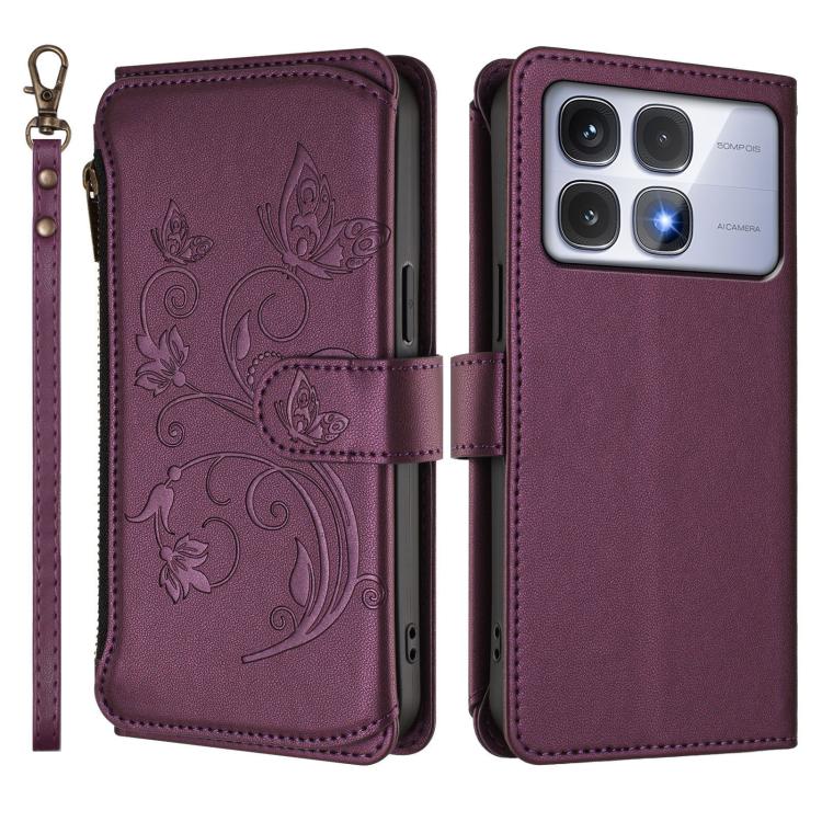 For Redmi K70 Ultra Butterfly Love Flower Multi-card Zipper Wallet Leather Phone Case