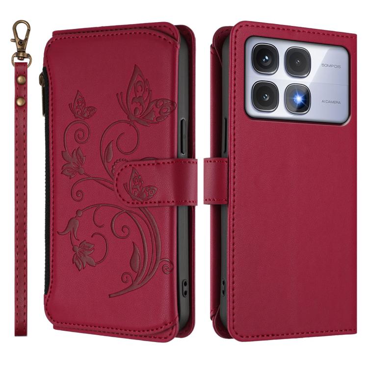For Redmi K70 Ultra Butterfly Love Flower Multi-card Zipper Wallet Leather Phone Case