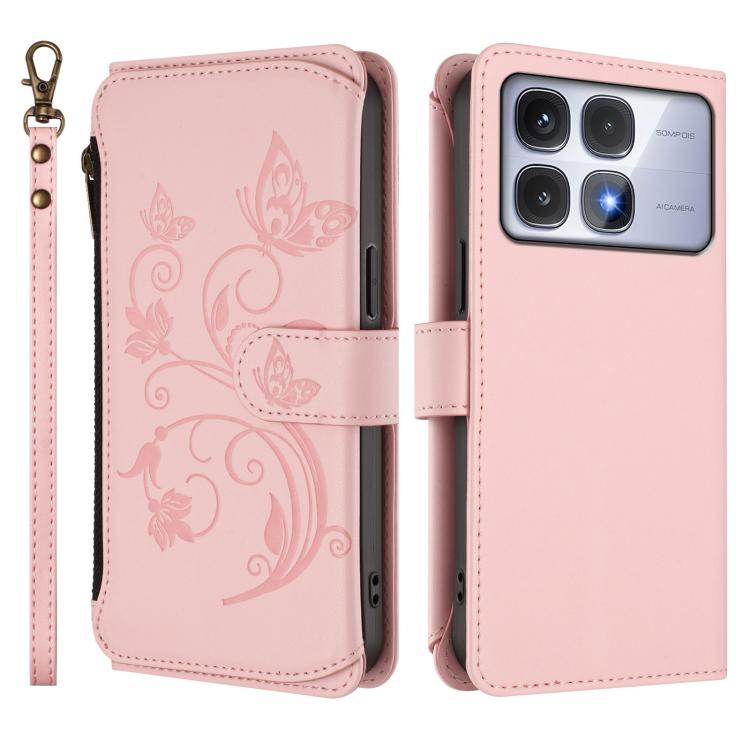 For Redmi K70 Ultra Butterfly Love Flower Multi-card Zipper Wallet Leather Phone Case