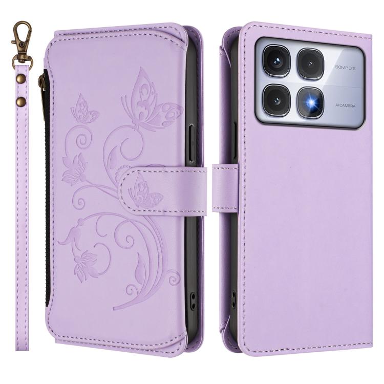 For Redmi K70 Ultra Butterfly Love Flower Multi-card Zipper Wallet Leather Phone Case