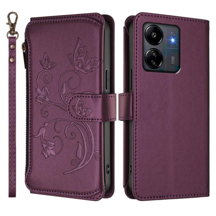 For Redmi 13C 4G / 5G / Poco C65 Butterfly Love Flower Multi-card Zipper Wallet Leather Phone Case