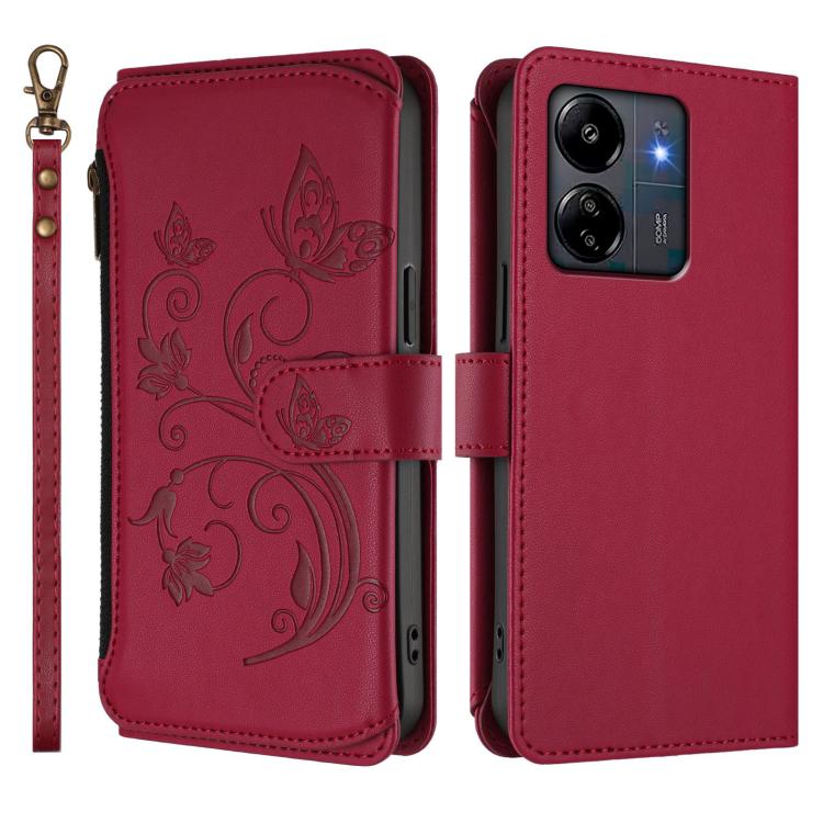 For Redmi 13C 4G / 5G / Poco C65 Butterfly Love Flower Multi-card Zipper Wallet Leather Phone Case