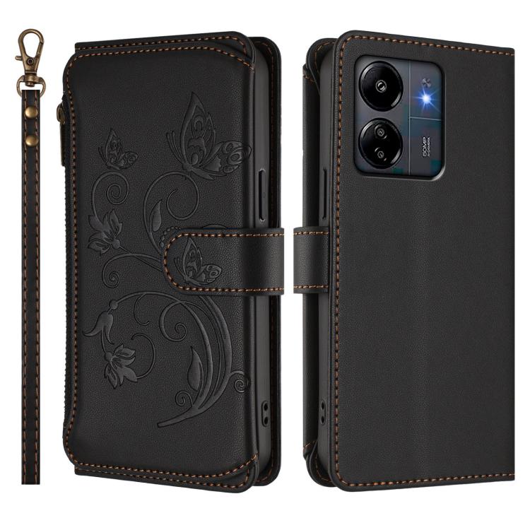 For Redmi 13C 4G / 5G / Poco C65 Butterfly Love Flower Multi-card Zipper Wallet Leather Phone Case