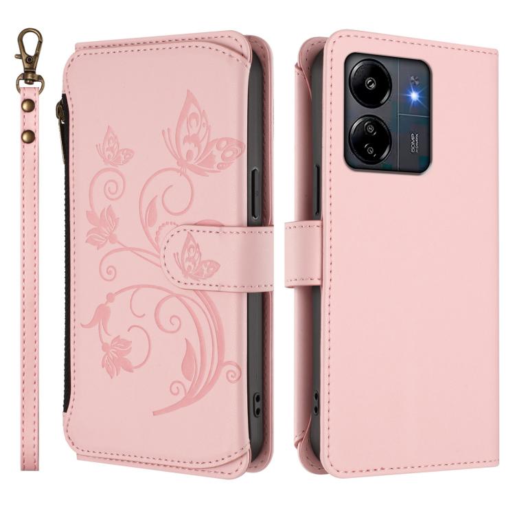 For Redmi 13C 4G / 5G / Poco C65 Butterfly Love Flower Multi-card Zipper Wallet Leather Phone Case