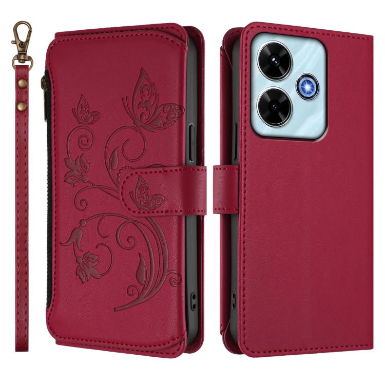 For Redmi 13 4G / 5G / 13x / Poco M6 4G Butterfly Love Flower Multi-card Zipper Wallet Leather Phone Case