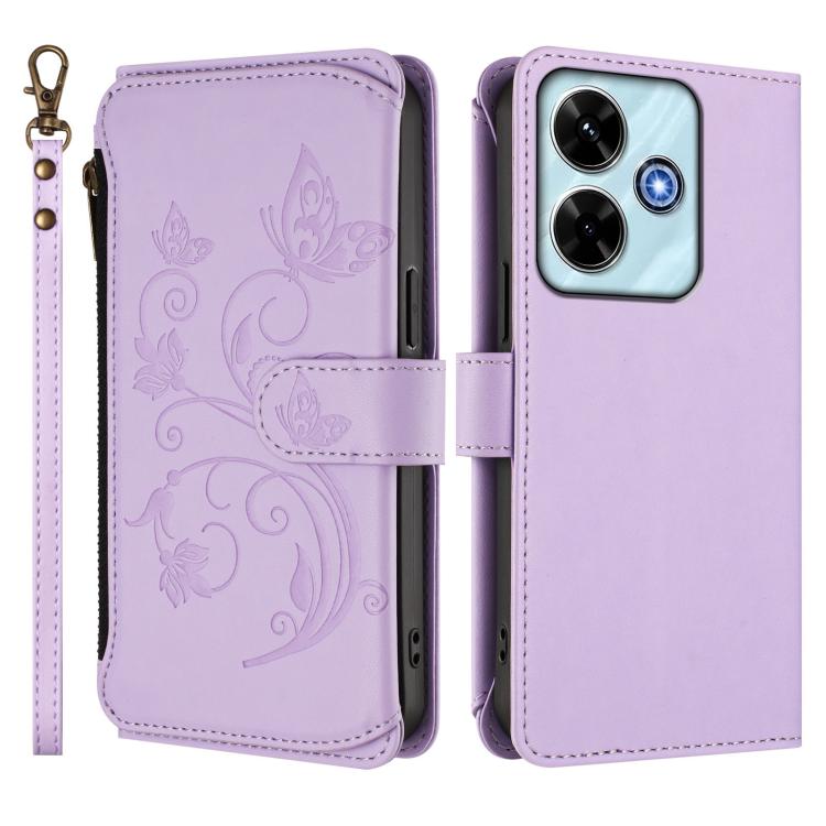 For Redmi 13 4G / 5G / 13x / Poco M6 4G Butterfly Love Flower Multi-card Zipper Wallet Leather Phone Case