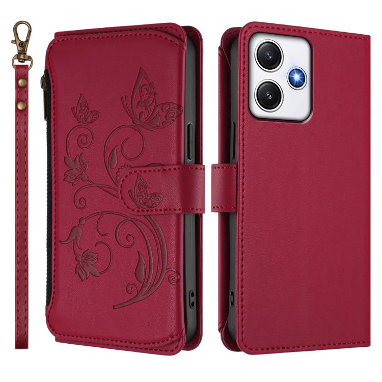 For Redmi 12 4G / 5G / Note 12R Butterfly Love Flower Multi-card Zipper Wallet Leather Phone Case