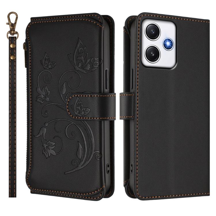 For Redmi 12 4G / 5G / Note 12R Butterfly Love Flower Multi-card Zipper Wallet Leather Phone Case