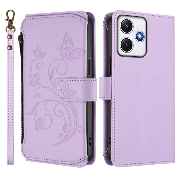 For Redmi 12 4G / 5G / Note 12R Butterfly Love Flower Multi-card Zipper Wallet Leather Phone Case