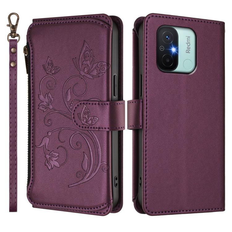 For Redmi 11A / Poco C55 Butterfly Love Flower Multi-card Zipper Wallet Leather Phone Case