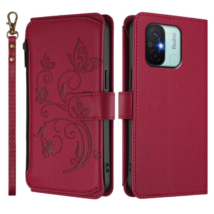 For Redmi 11A / Poco C55 Butterfly Love Flower Multi-card Zipper Wallet Leather Phone Case